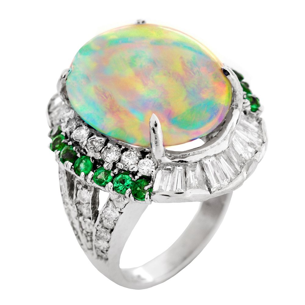 Appraisal: Opal Diamond Emerald and K Ring Vintage Oval Cabochon Opal