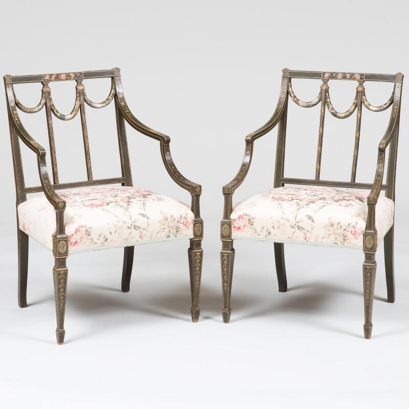 Appraisal: Pair of Late George III Painted Floral Linen Upholstered Armchairs