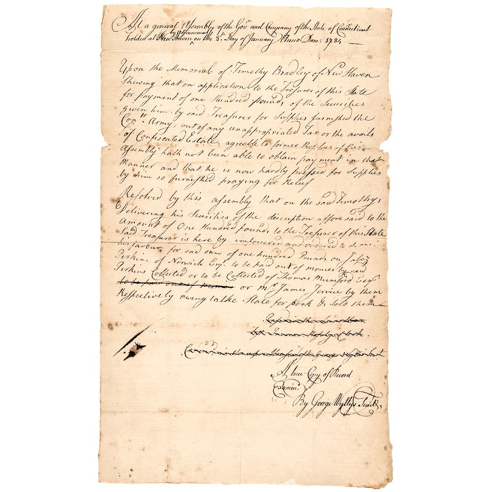 Appraisal: Connecticut Act Draft Continental Army Supplies Confiscated Estate Payment American