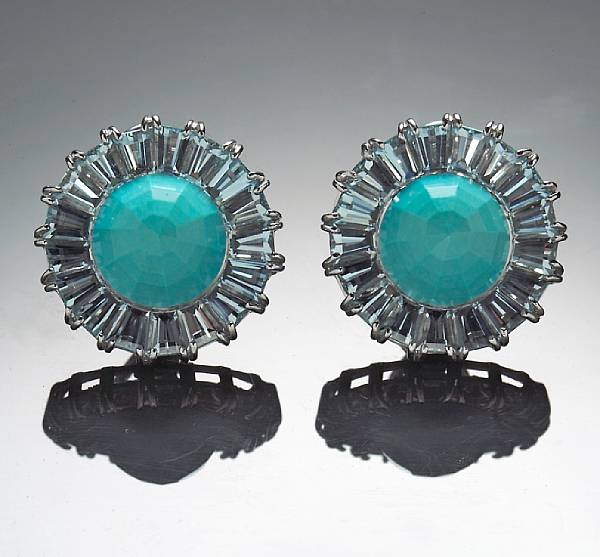 Appraisal: A pair of faceted turquoise and aquamarine clip-earrings Nardi signed