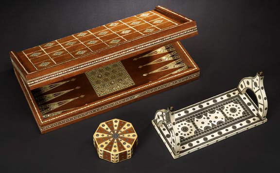 Appraisal: Group of Three North African Inlaid Objects including a folding