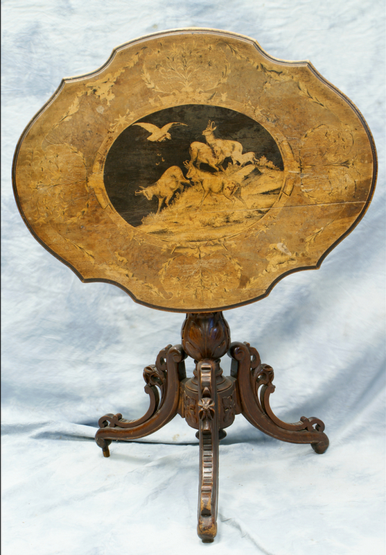 Appraisal: Inlaid walnut Black Forest tilt top table mountain scene with