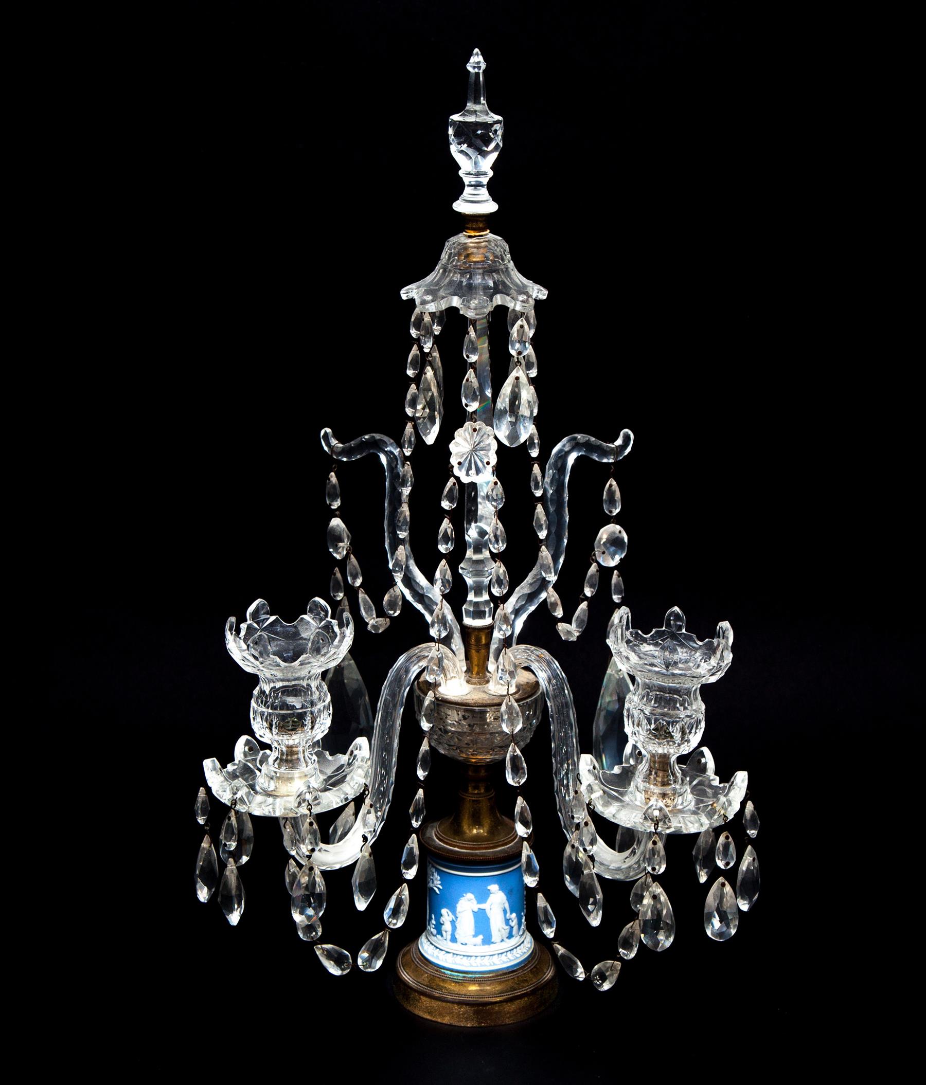 Appraisal: CUT GLASS TWO-BRANCH CANDELABRA WITH LIGHT BLUE JASPER BASE England