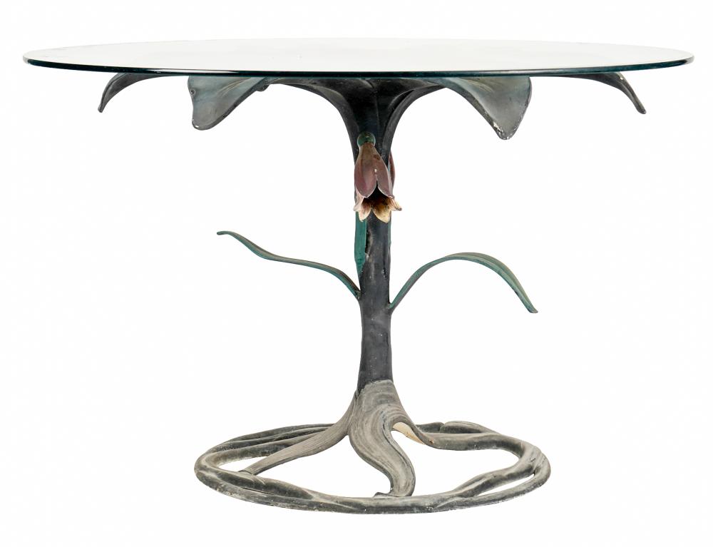 Appraisal: GLASS PAINTED METAL CENTER TABLEround top on a floriform base