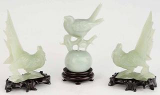 Appraisal: Three Asian Hardstone Bird Carvings one green hardstone carving of