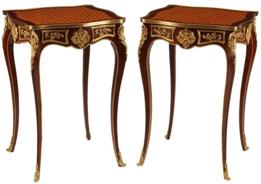 Appraisal: pair Louis XV style parquetry side tables with bronze dore