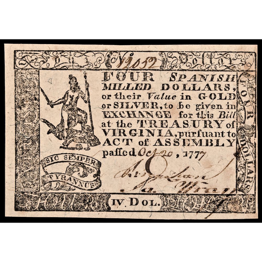 Appraisal: Colonial Currency VA October Four Dollars Choice Crisp Uncirculated Virginia