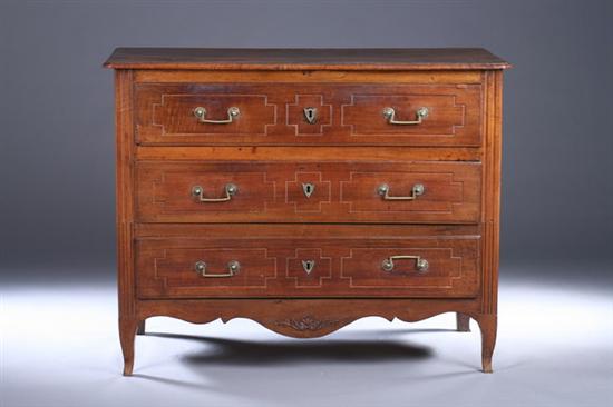 Appraisal: CONTINENTAL TRANSITIONAL FRUITWOOD COMMODE th century Molded-edge top with canted