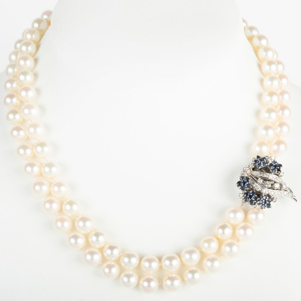 Appraisal: Cultured Pearl Necklace with k White Gold Sapphire and Diamond