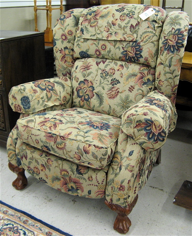 Appraisal: CHIPPENDALE STYLE RECLINING ARMCHAIR recent manufacture with overall floral tapestry