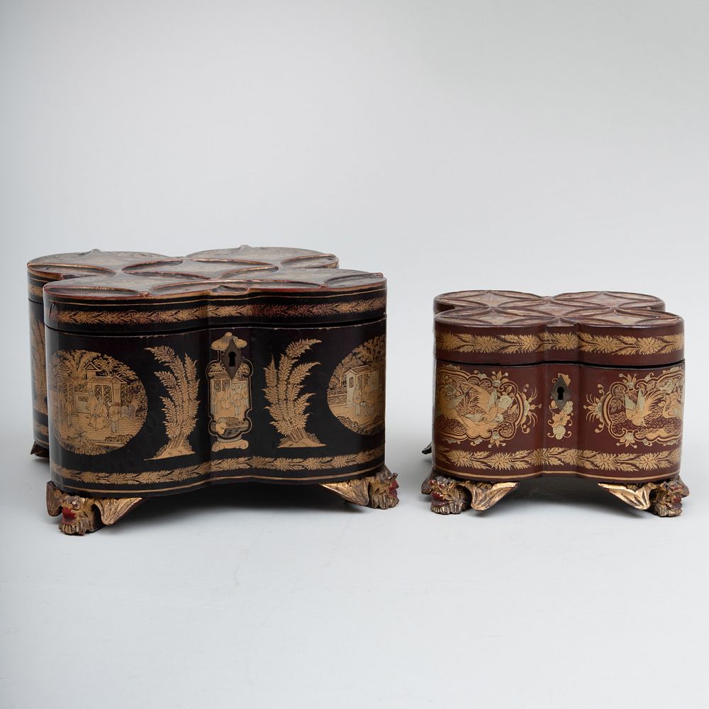 Appraisal: Pair of Chinese Export Shaped Lacquer Tea Caddies Each with