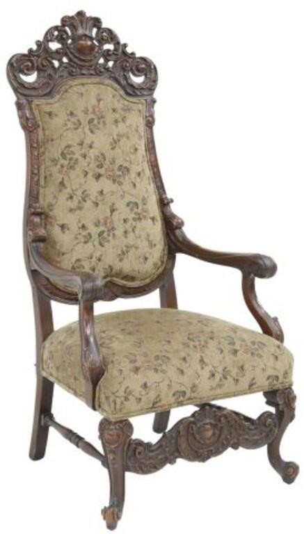 Appraisal: Baroque style armchair th c carved foliate scroll crest upholstered