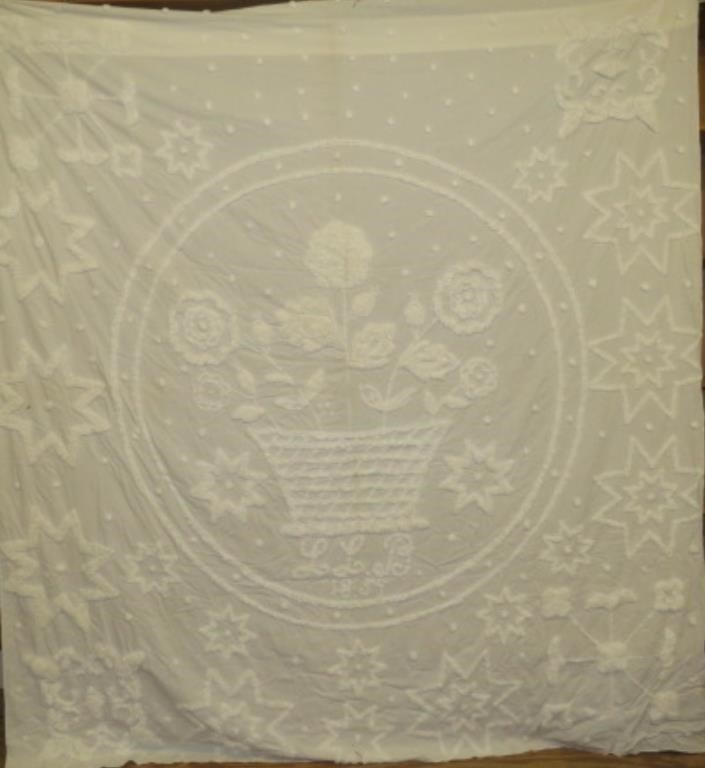 Appraisal: RARE INITIALED DATED CHENILLE OF CANDLEWICK HOOKca dated white cotton