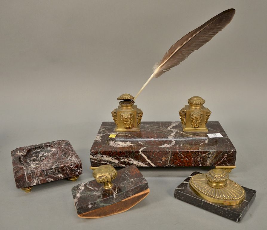 Appraisal: Four piece marble and brass desk set with figure head