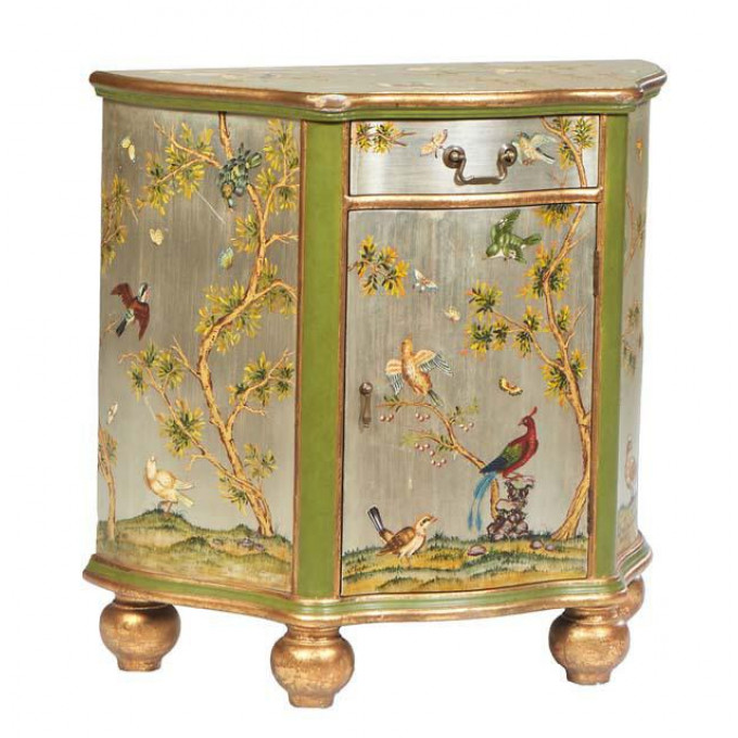 Appraisal: Gold and Silver Painted Bird Bombe Side Cabinet th c