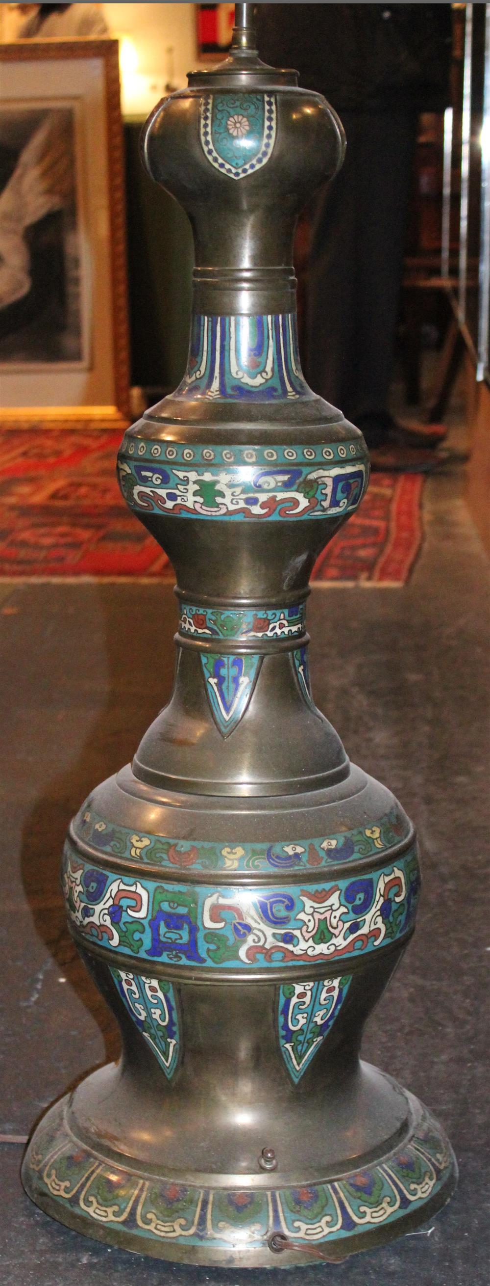 Appraisal: CHINESE CHAMPLEVE ENAMEL LARGE LAMP of triple gourdine form rising