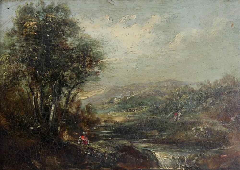 Appraisal: BRITISH SCHOOL TH CENTURY LANDSCAPE WITH FIGURES Oil on panel