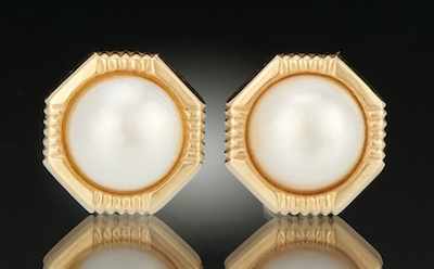 Appraisal: A Pair of Mabe Pearl Earrings k yellow gold earrings