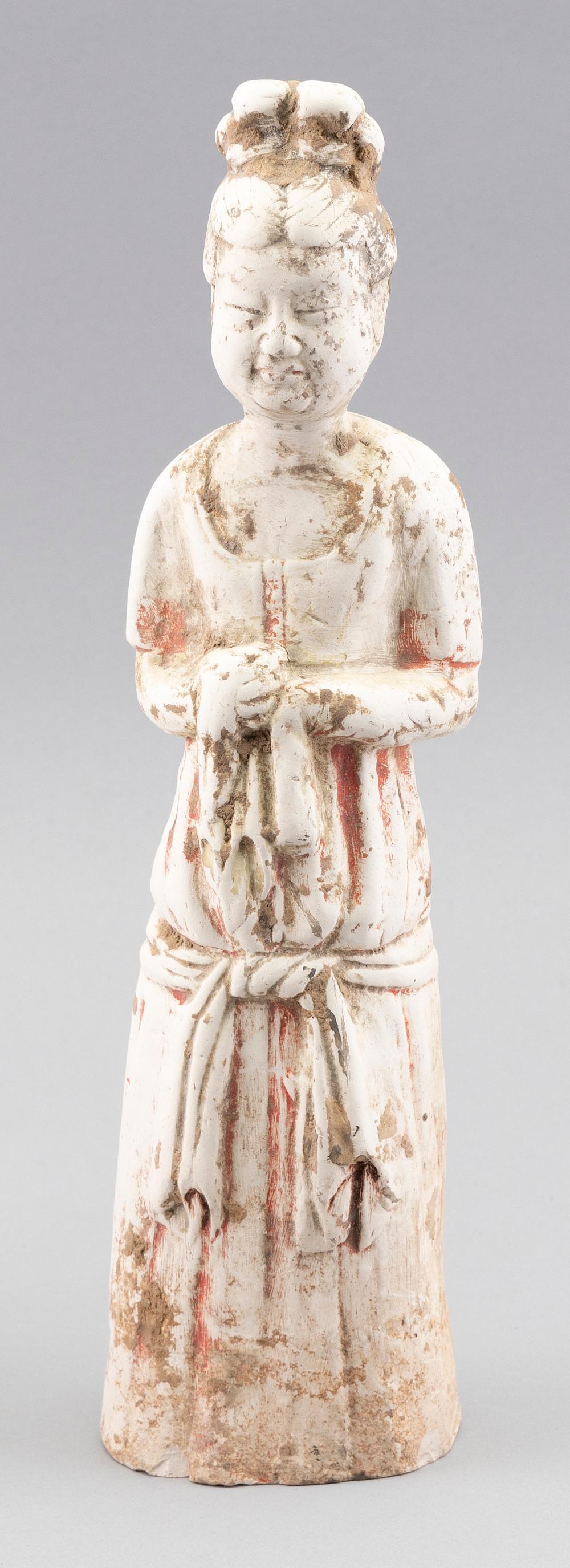 Appraisal: CHINESE PAINTED BUFF POTTERY FIGURE OF A STANDING MAIDEN TANG