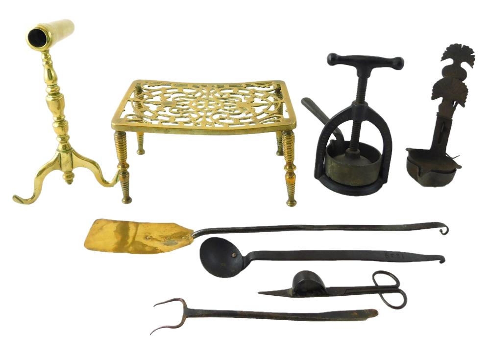 Appraisal: Eight miscellaneous metalware including th C brass goffering iron parts