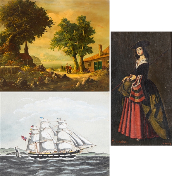 Appraisal: Group of three old paintings including unframed oil on board