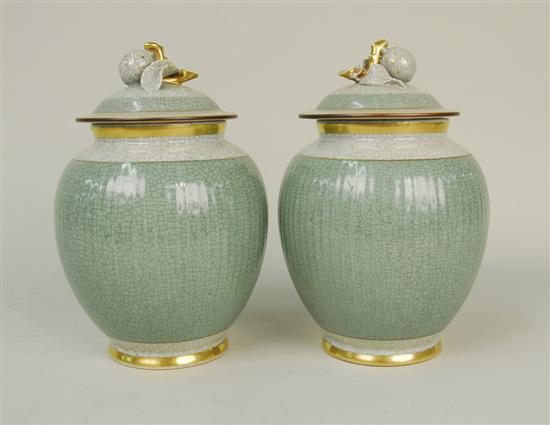 Appraisal: PAIR OF ROYAL COPENHAGEN GILT DECORATED GREEN GROUND CRACKLE GLAZE