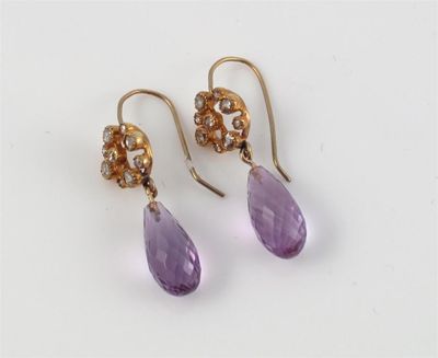 Appraisal: A pair of briolette amethyst and diamond earrings set in