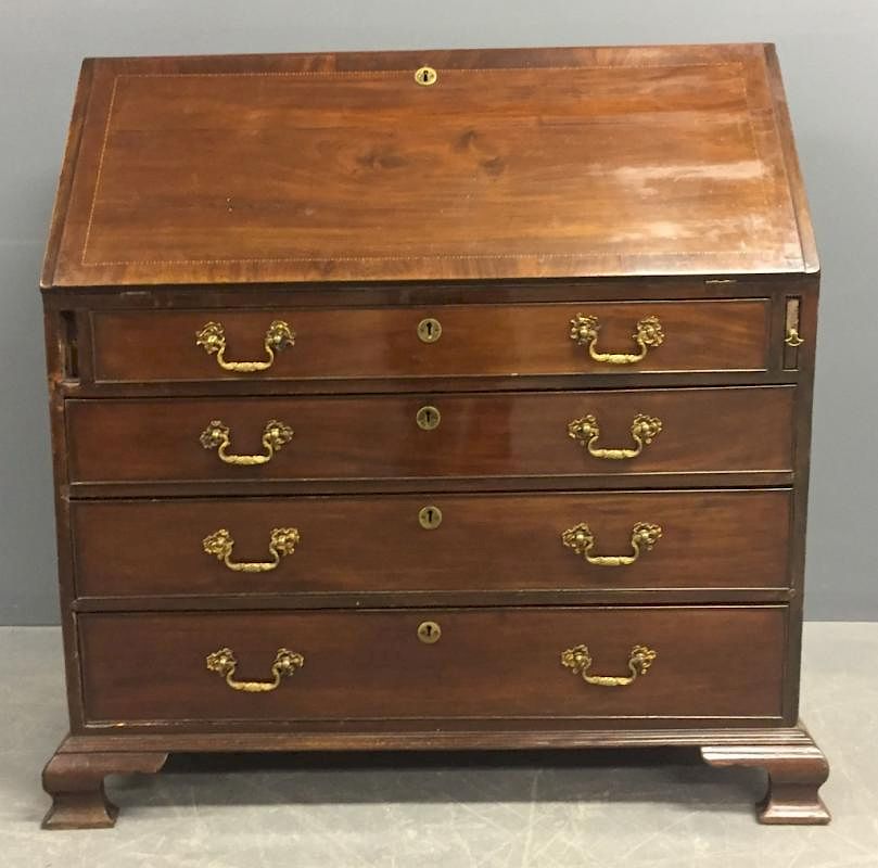 Appraisal: Georgian Mahogany Inlaid Slant Lid Desk Georgian mahogany inlaid slant