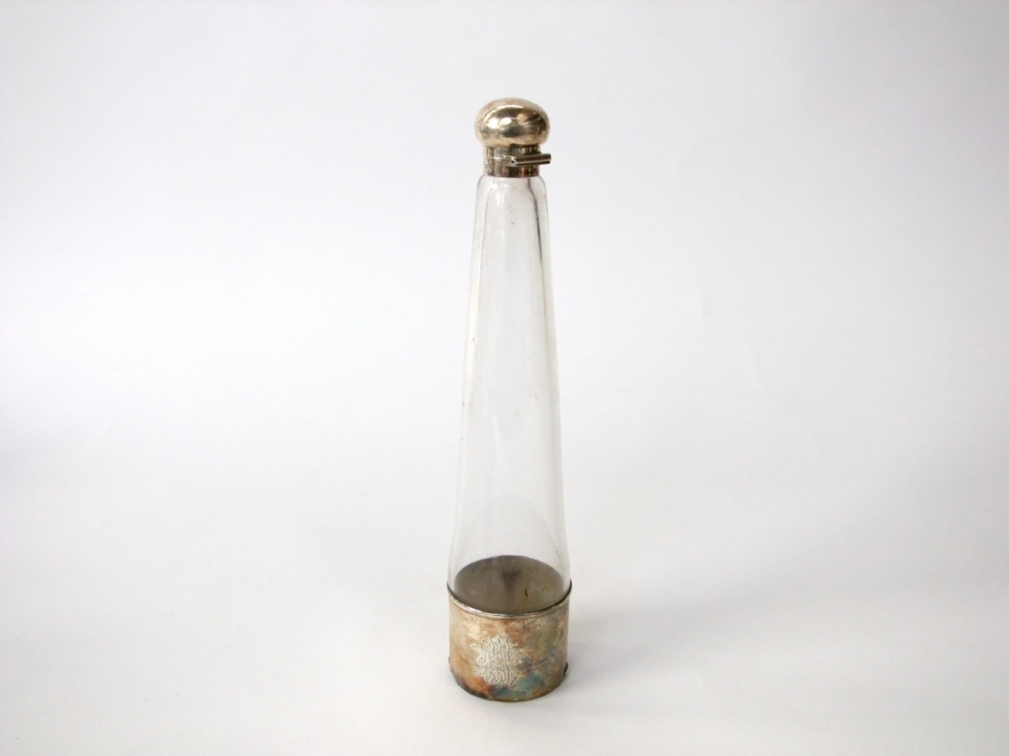 Appraisal: A silver mounted glass flask of cylindrical tapering form with