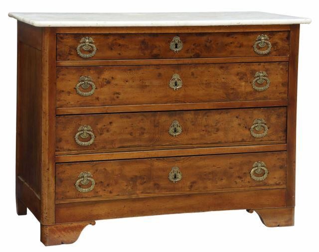 Appraisal: French marble-top burlwood commode th c four drawers with swan