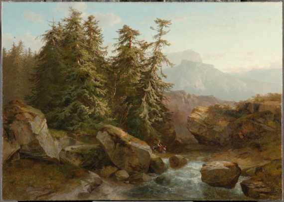 Appraisal: CALAME ALEXANDRE Vevey - Menton Sapins cours d'eau soleil couchant