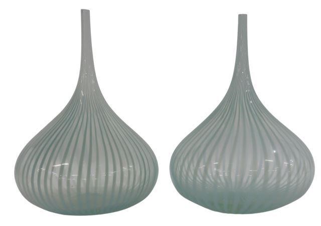 Appraisal: pair Art glass vases clear glass with mint green striped