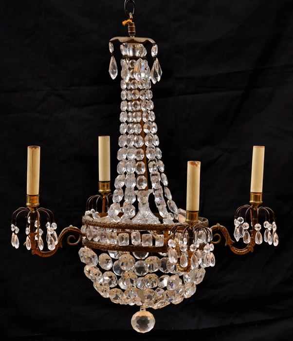 Appraisal: NEOCLASSICAL-STYLE GILT-METAL AND CUT-GLASS FOUR-LIGHT CHANDELIER The double main annulus