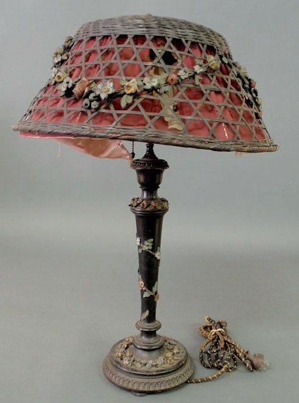 Appraisal: Black wood table lamp with floral carvings paint decoration and