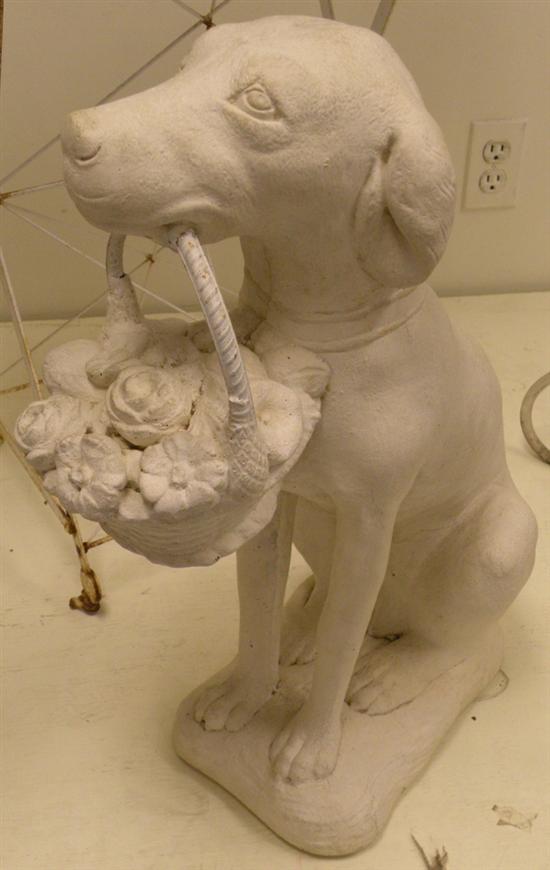 Appraisal: Painted white composite stone dog holding a basket of flowers