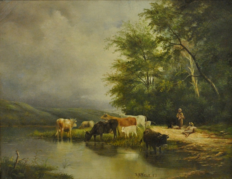 Appraisal: - Oil on canvas painting of cows in a stream