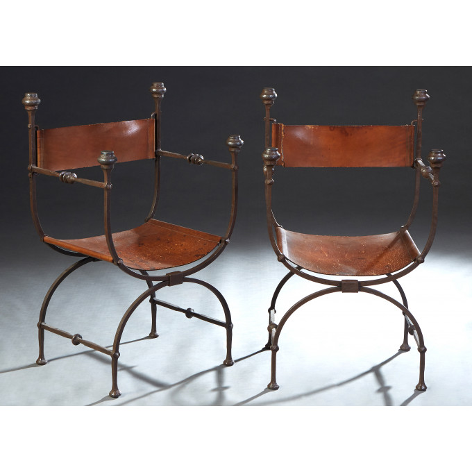 Appraisal: Pair of Wrought Iron and Leather Savonarola Style Arm Chairs