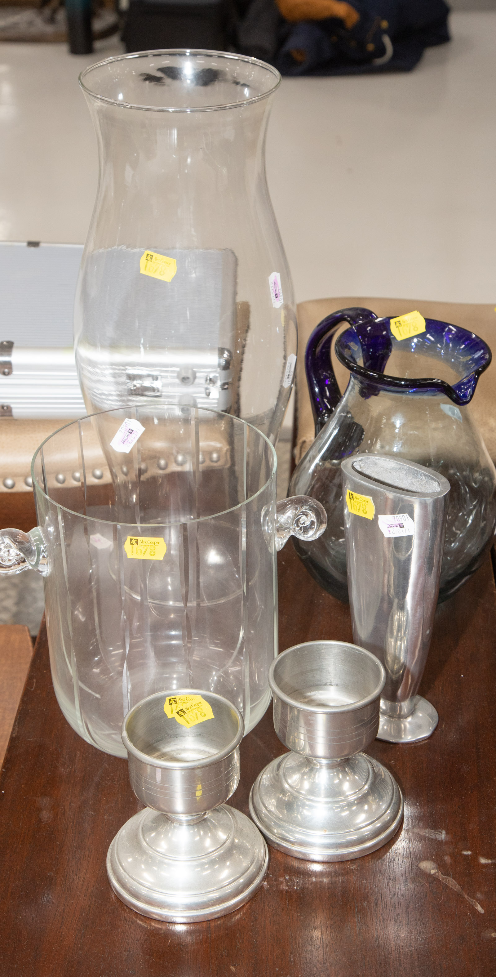 Appraisal: SELECTION OF GLASSWARE PEWTER Includes art glass pitcher hurricane shade