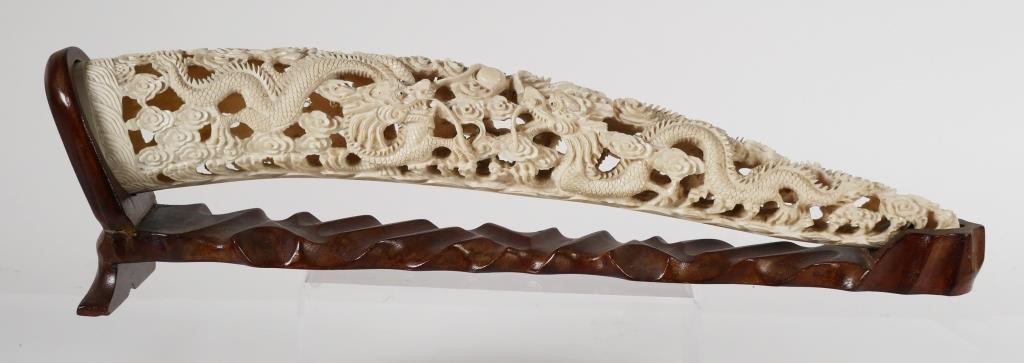 Appraisal: Antique Chinese ivory tusk with carved opposing dragons to each