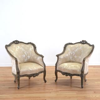 Appraisal: Pair Louis XV painted wood bergeres Pair Louis XV painted