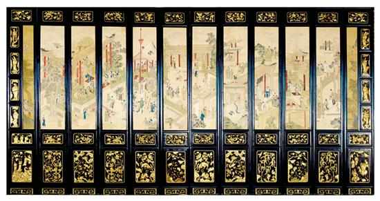 Appraisal: Exceptional Chinese carved and scenic-painted twelve-panel screen late th early