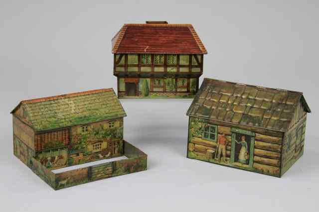 Appraisal: THREE BUILDING FORM TINS Lithographed Tinplate comprising Henderson Son Log