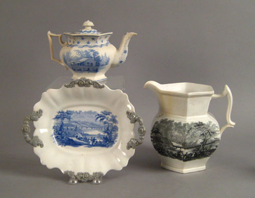 Appraisal: Staffordshire pitcher teapot and platter th c depicting Columbia Bridge