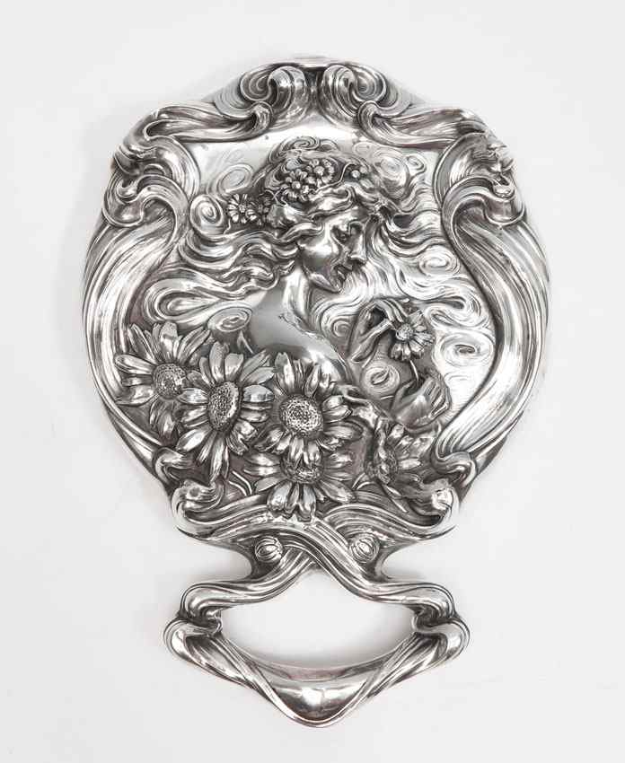 Appraisal: ART NOUVEAU STERLING SILVER MIRROR Woman with Flower Unger Bros