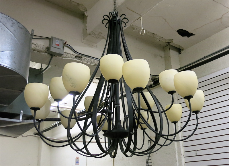 Appraisal: HAND-FORGED IRON CHANDELIER WITH GLASS SHADES Hubbardton Forge Modern American