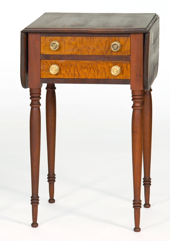 Appraisal: ANTIQUE SHERATON TWO-DRAWER DROP-LEAF STAND Circa - With figured maple