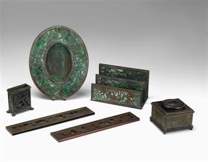 Appraisal: Group of four Tiffany Studios desk accessories Comprising a 'Pine