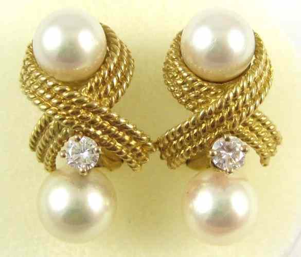 Appraisal: PAIR OF PEARL AND DIAMOND EARRINGS each k yellow gold