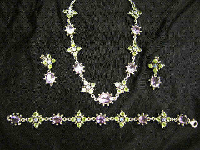 Appraisal: Peridot Amethyst Moonstone Necklace bracelet earrings all sterling silver a