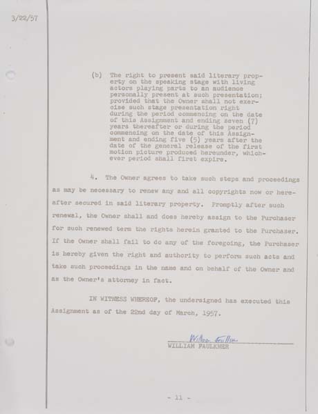 Appraisal: WILLIAM FAULKNER Contract signed by Faulkner the assignment of the